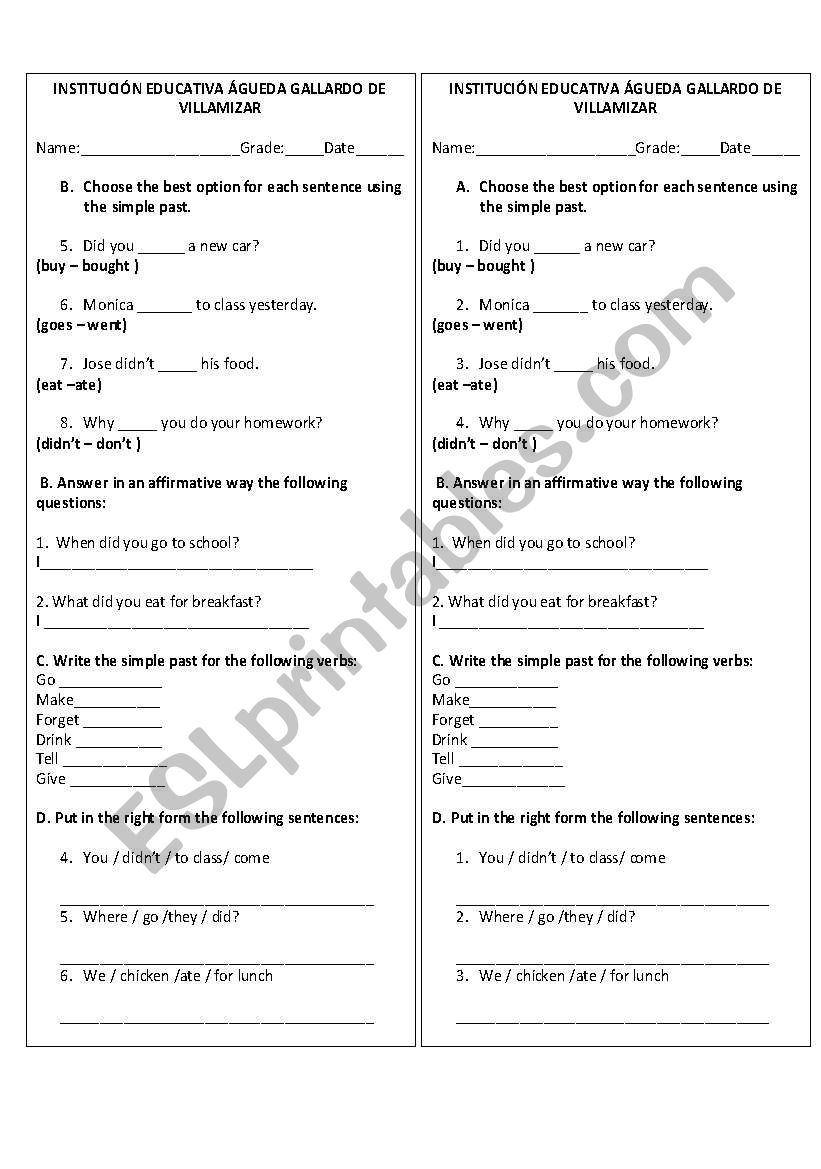 Simple past Quiz worksheet