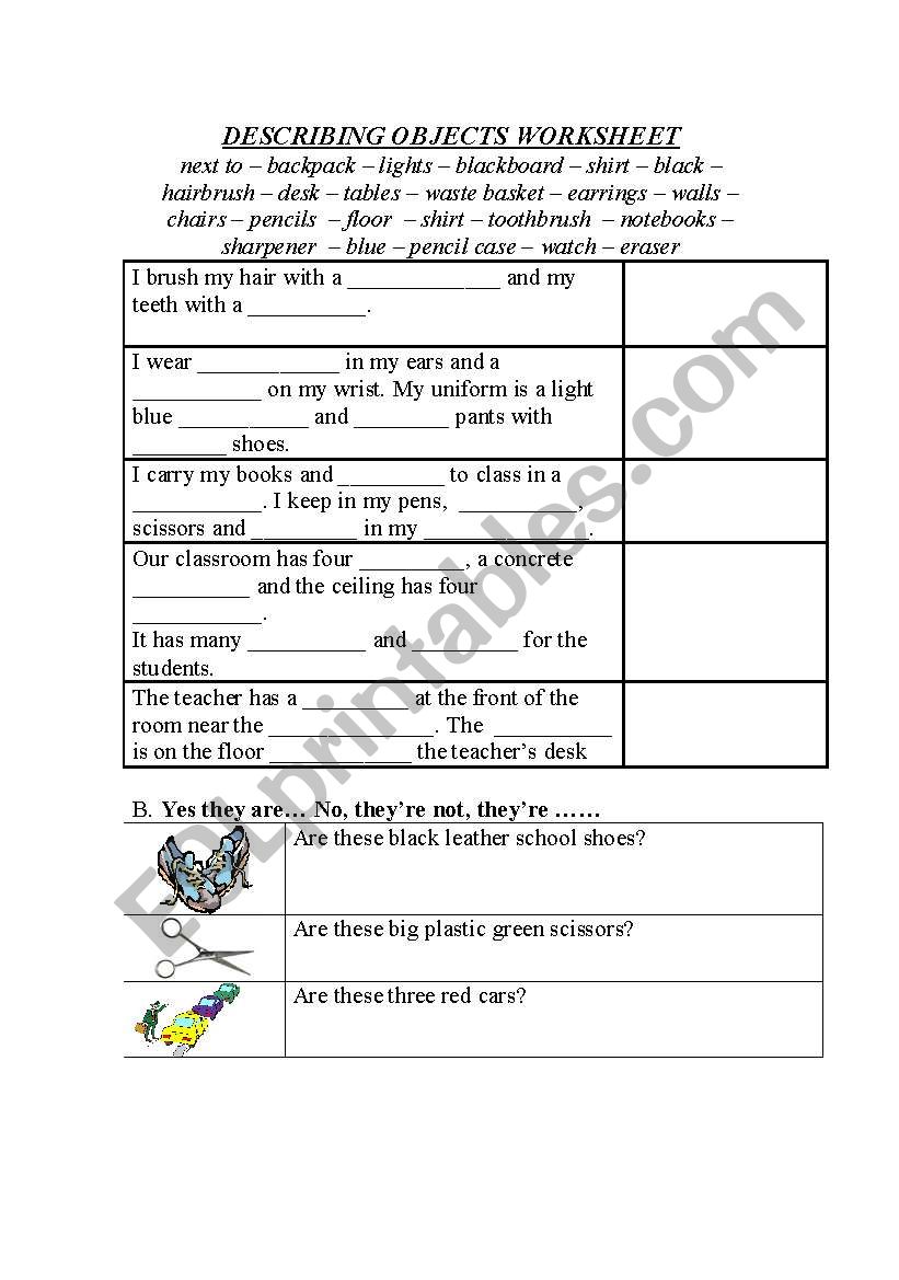 describing objects worksheet worksheet