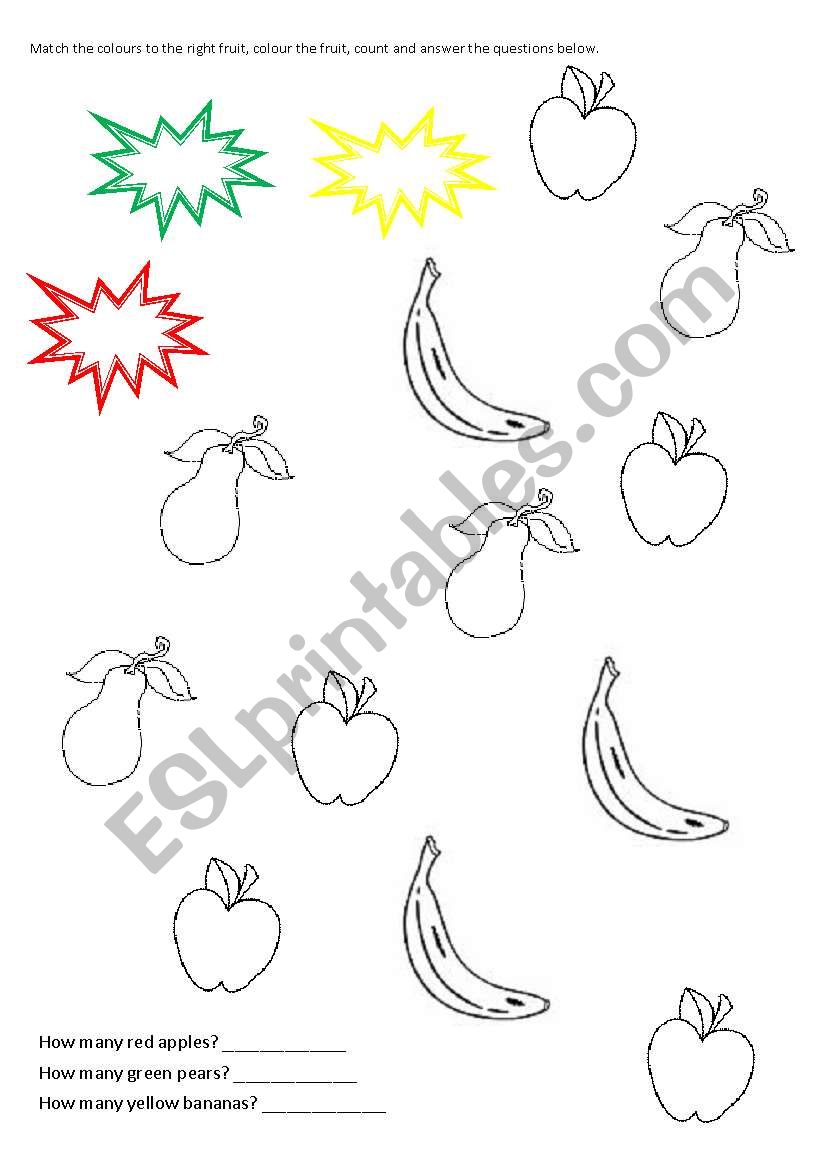 colours, fruit, numbers worksheet