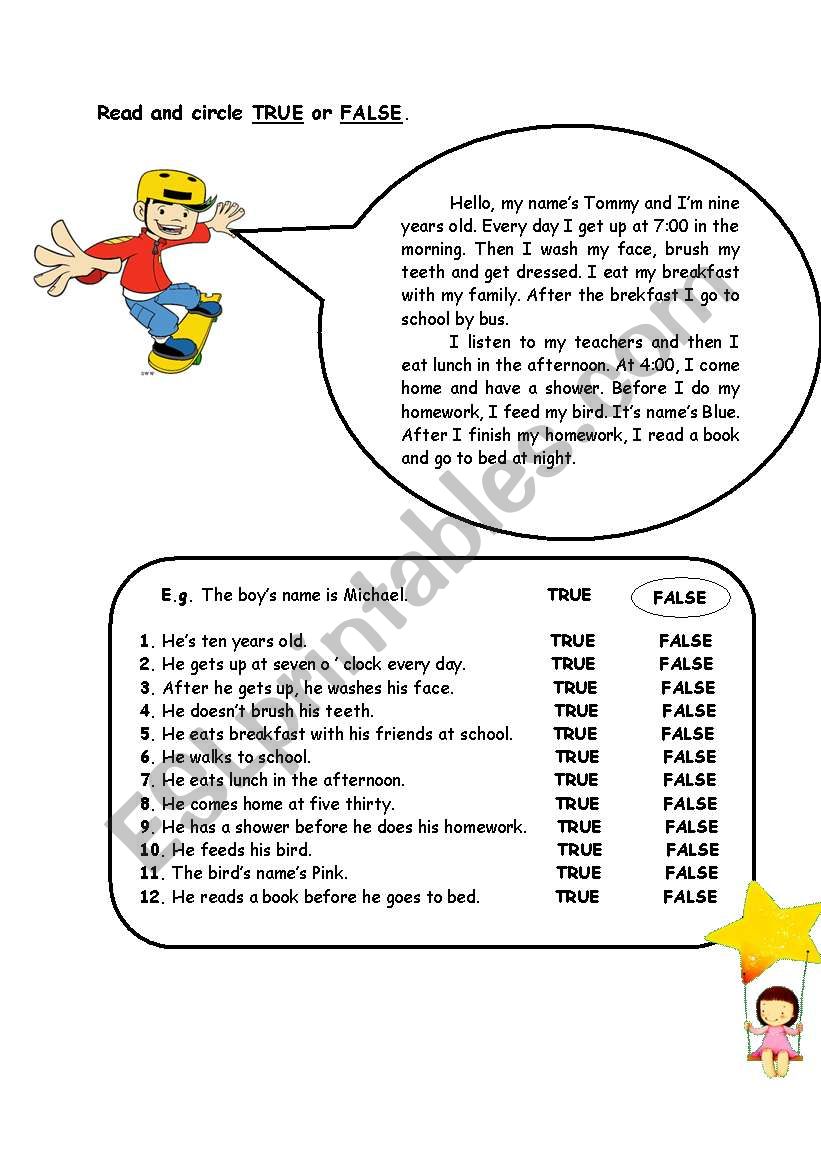 Read and circle True or False worksheet