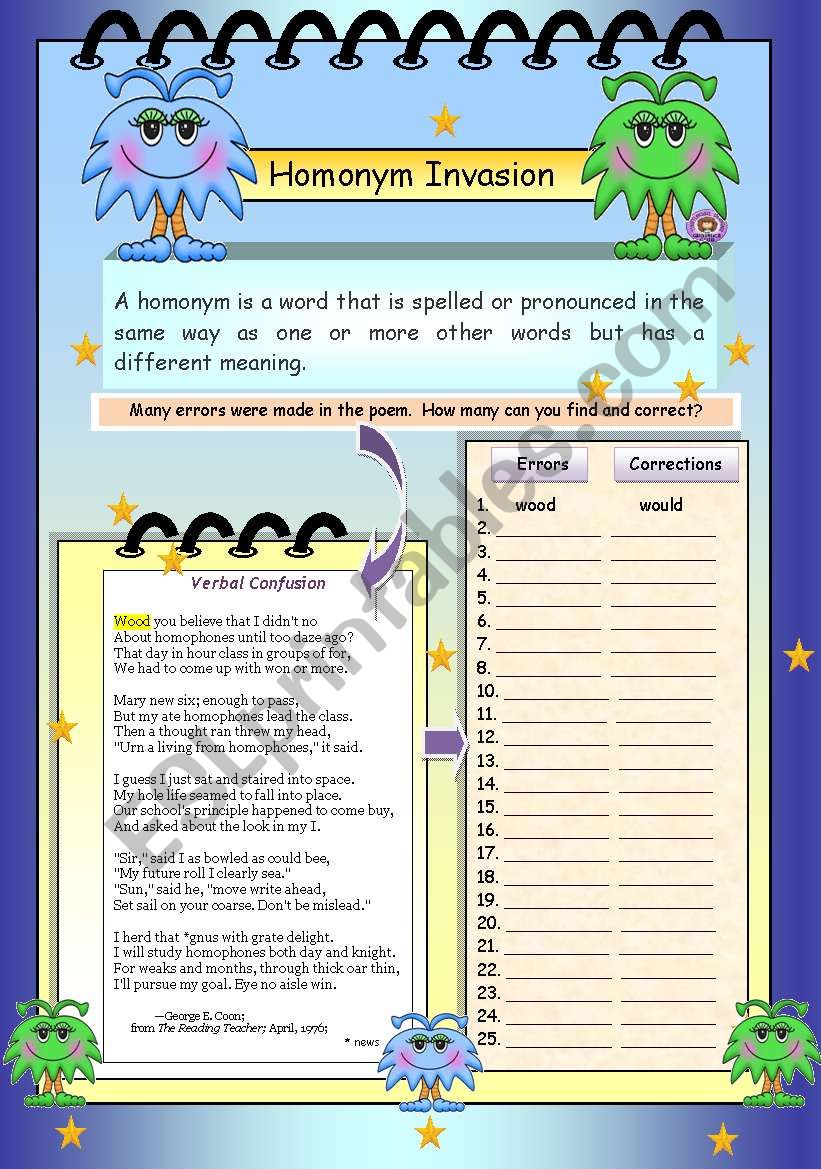 Homonym Invasion 2 worksheet