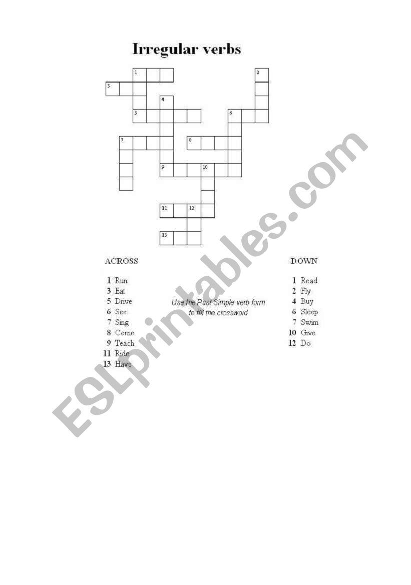 Irregular verbs crossword worksheet