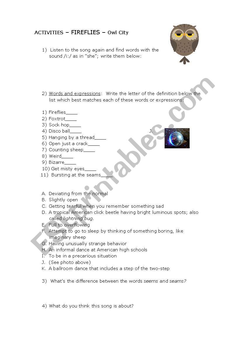 Fireflies song and worksheet worksheet