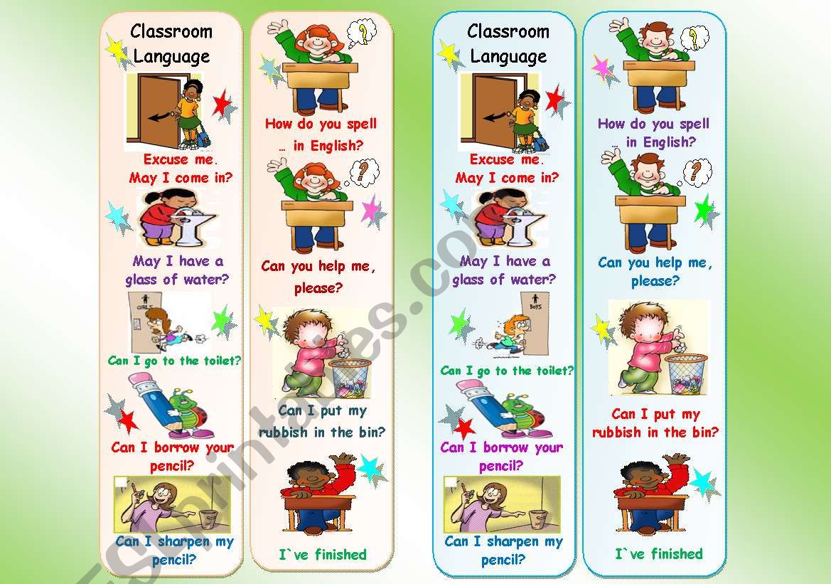 Bookmarks with Classroom Language for kids