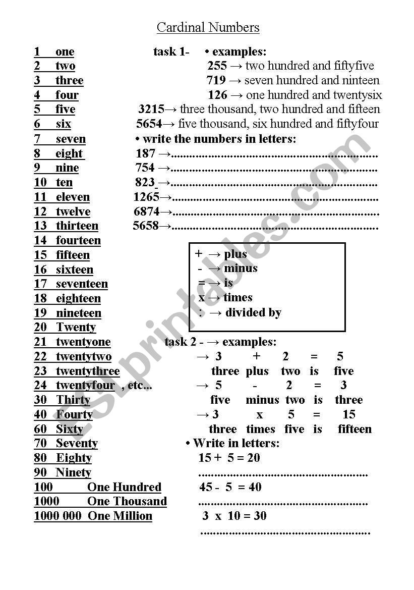 Cardinal Numbers  worksheet