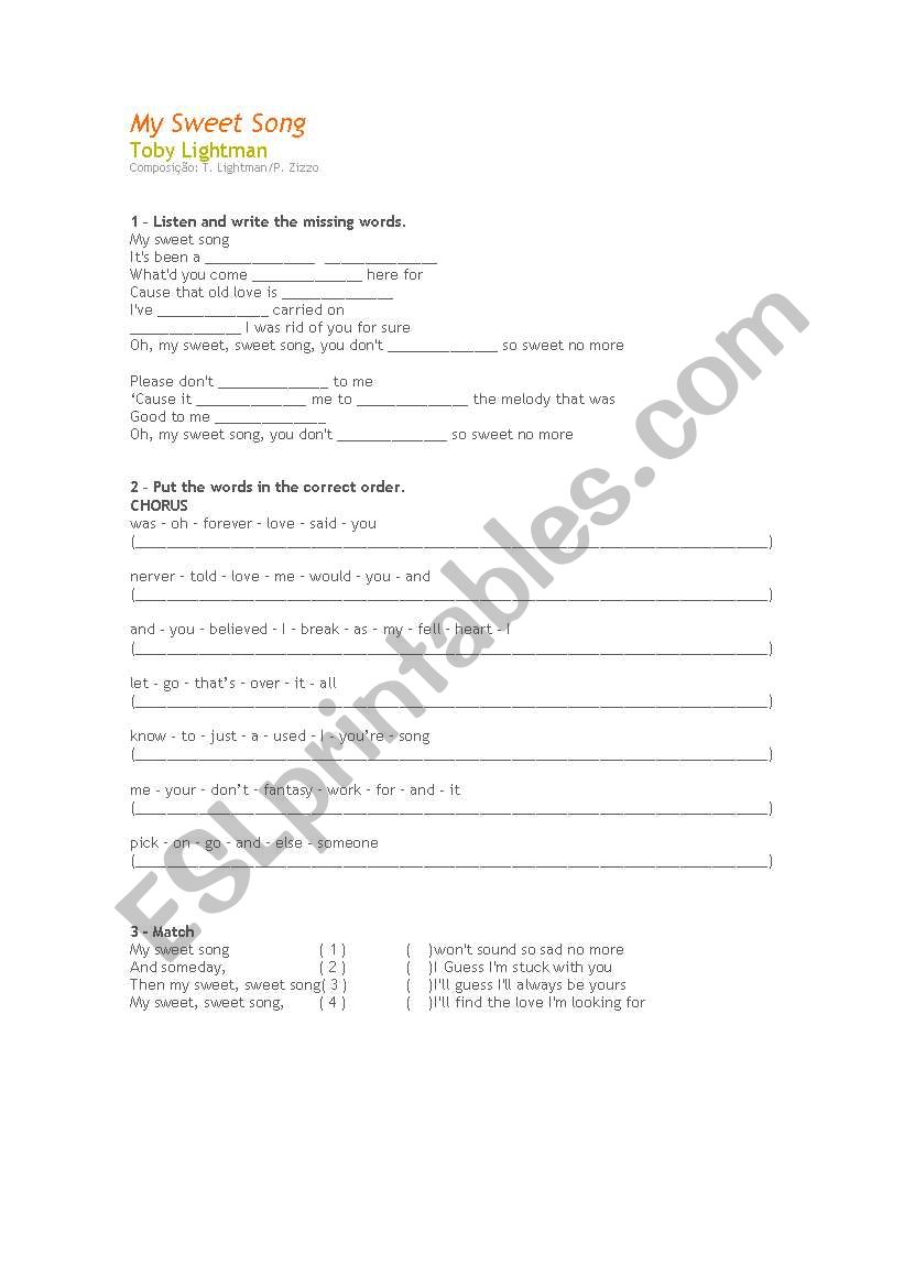 song class - my sweet song worksheet