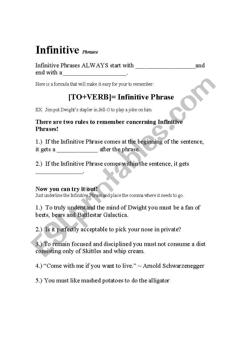 Infinitive Phrase Note Sheet worksheet