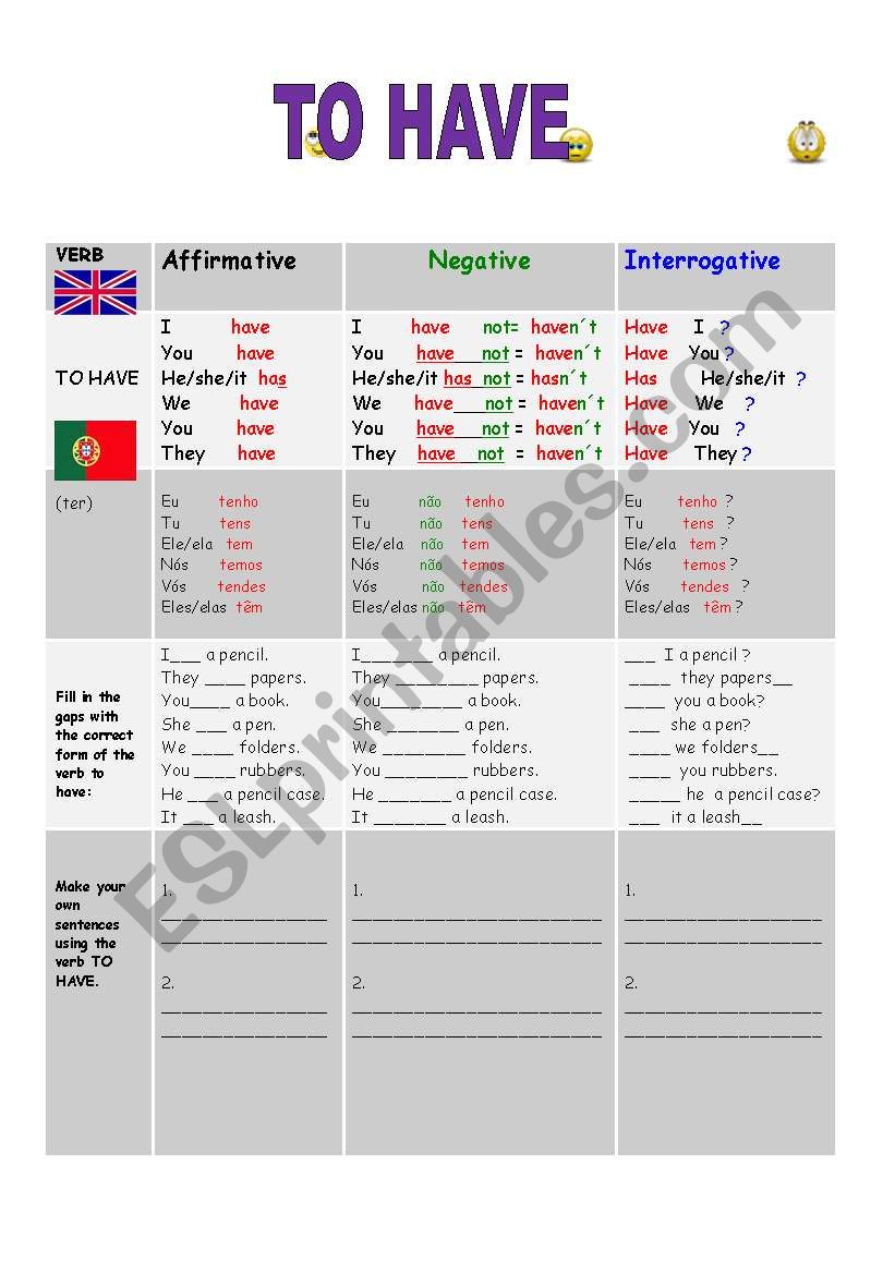 Verb To Have Worksheets Pdf