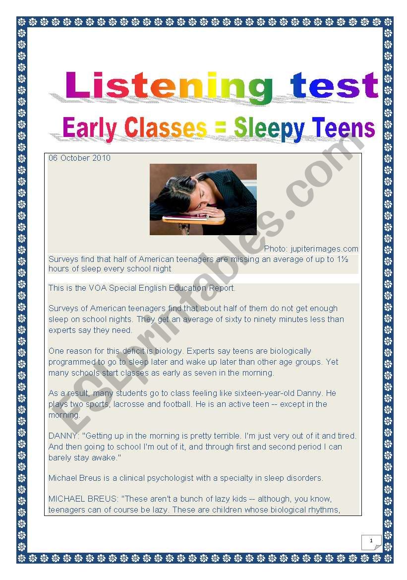 COMPREHENSIVE LISTENING PROJECT - SLEEPY TEENS (13 tasks, 10 pages, includes comprehensive ANSWER KEY)