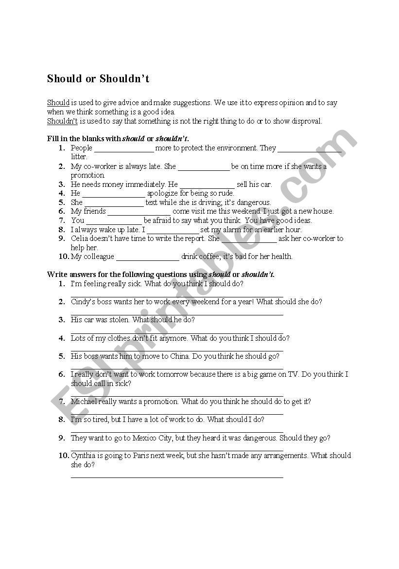 Should or Shouldnt worksheet