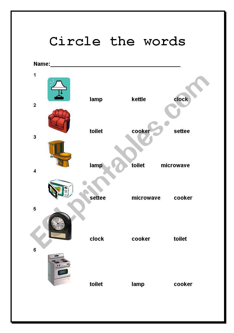 Household Furniture worksheet