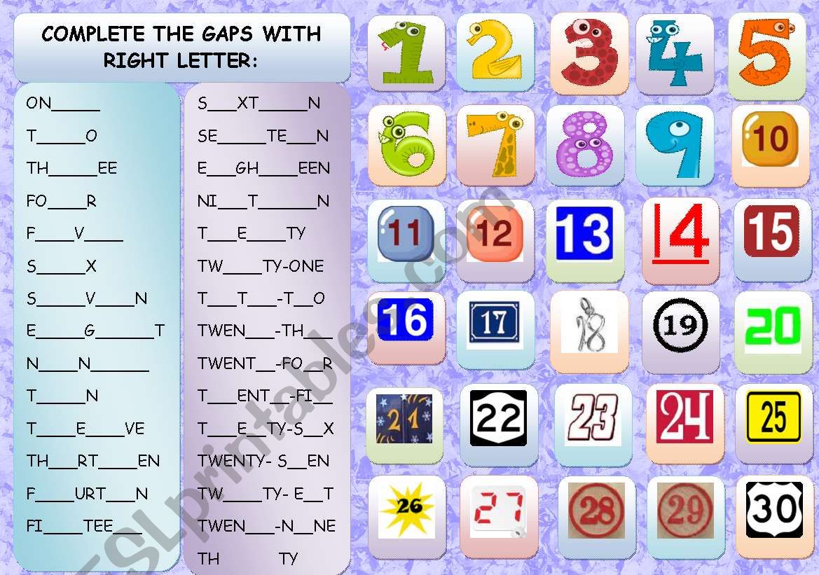 NUMBERS - ONE TO THIRTY worksheet