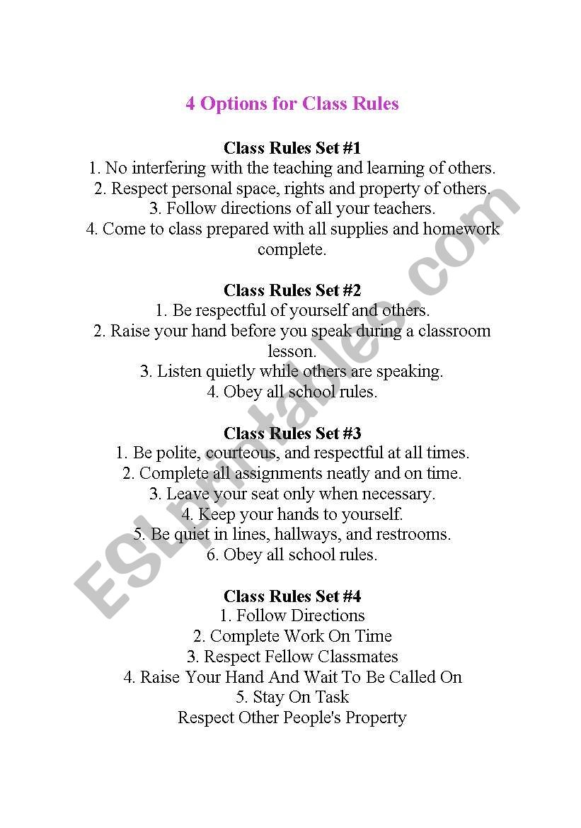 4 options for class rules worksheet