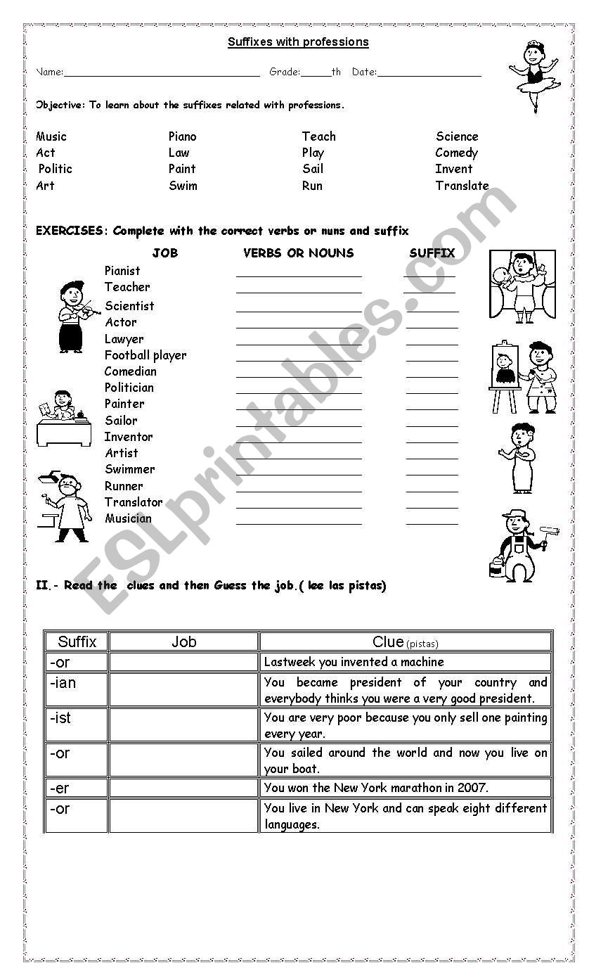Suffixes with the jobs worksheet