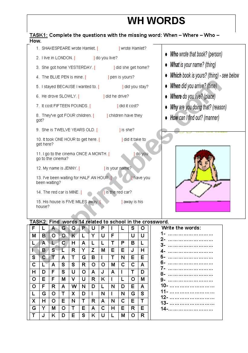 wh  review + school worksheet worksheet