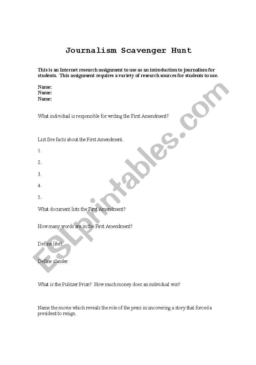 Journalism Scavenger Hunt worksheet