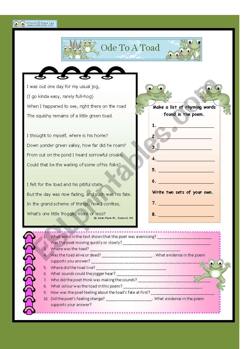 Ode to a Toad worksheet