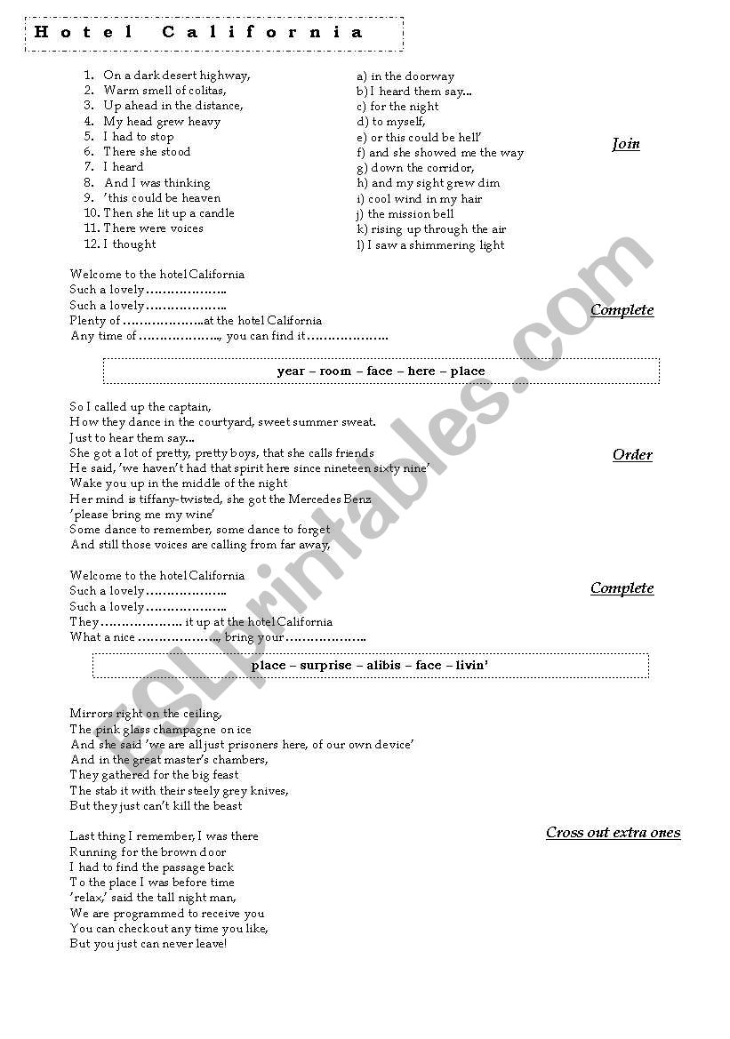 Hotel California worksheet