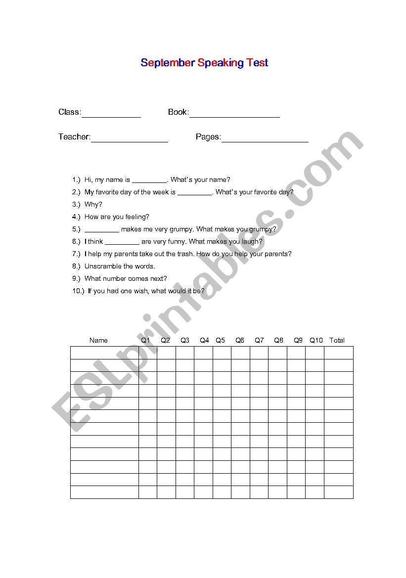 Sentence and speaking test worksheet
