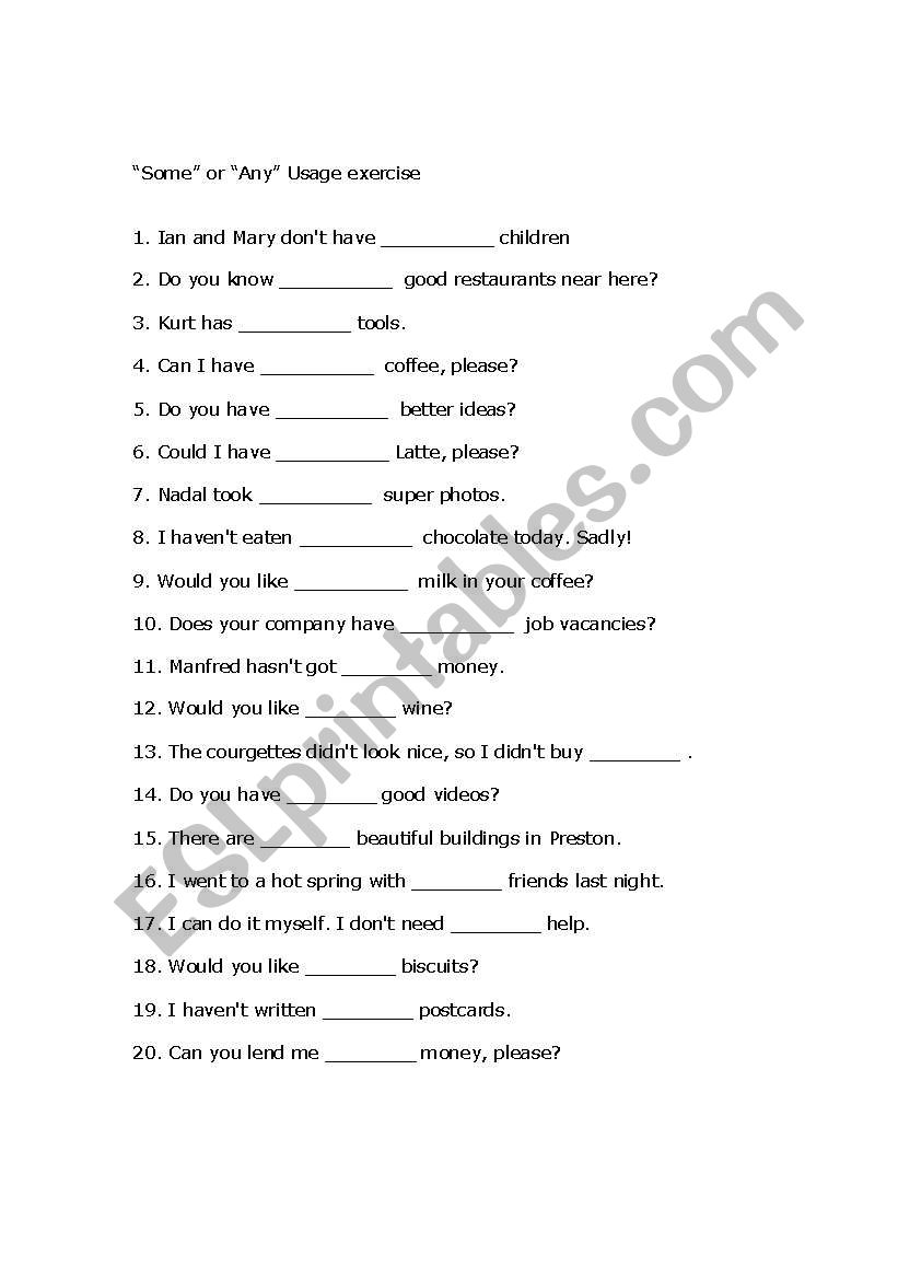 Some / Any usage Exercise worksheet