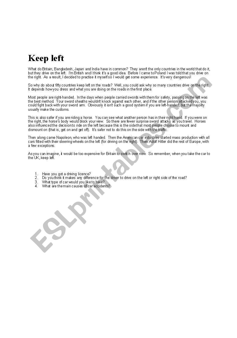 Keep left  worksheet