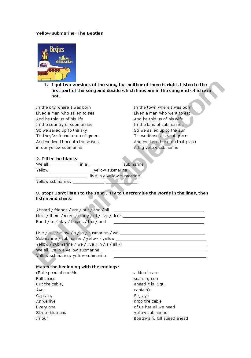 yellow submarine worksheet