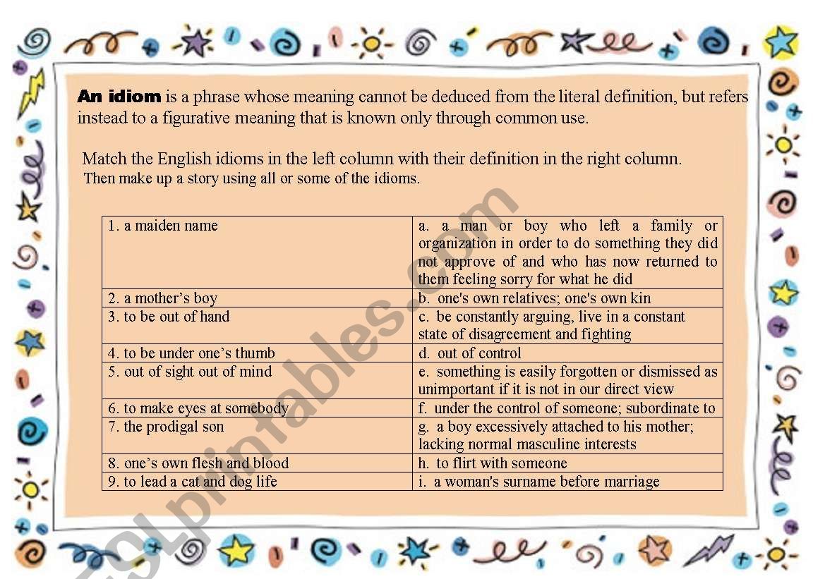 Family idioms worksheet