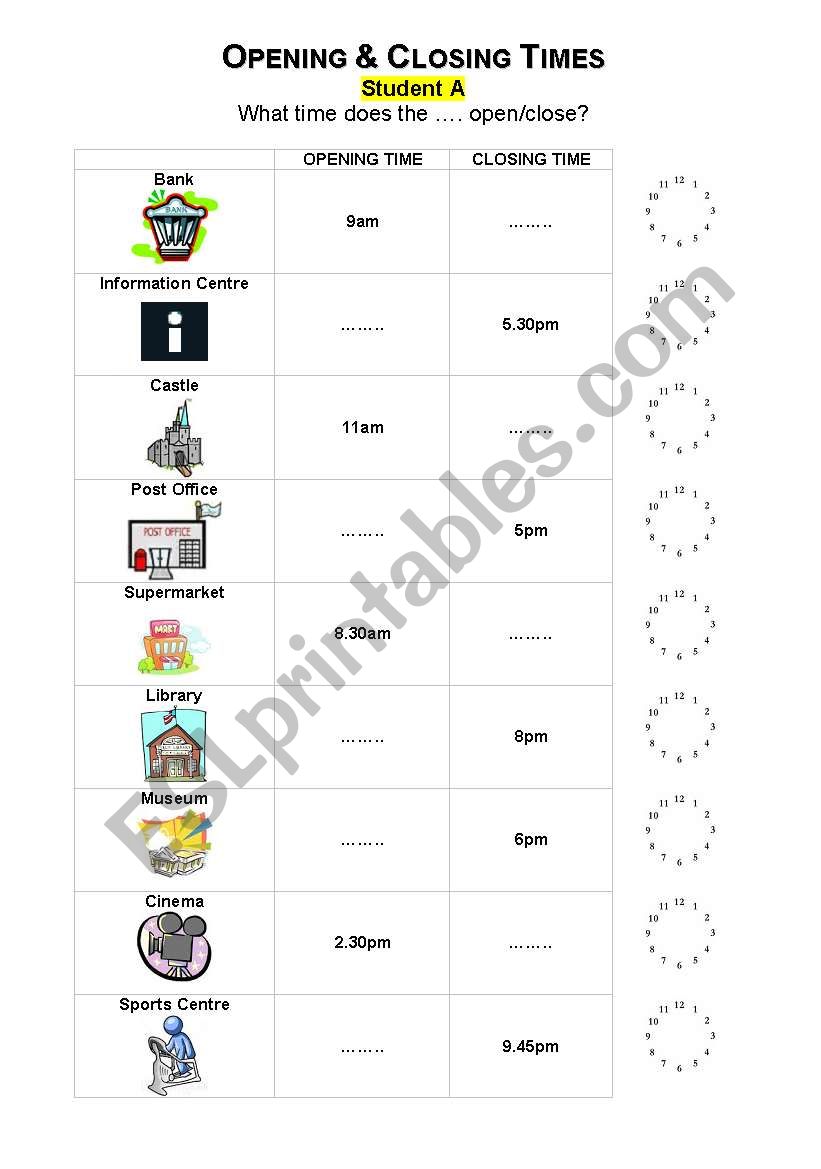 Opening and Closing Times worksheet