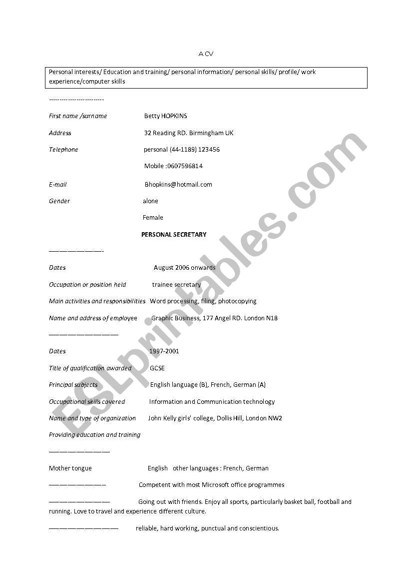 A CV worksheet