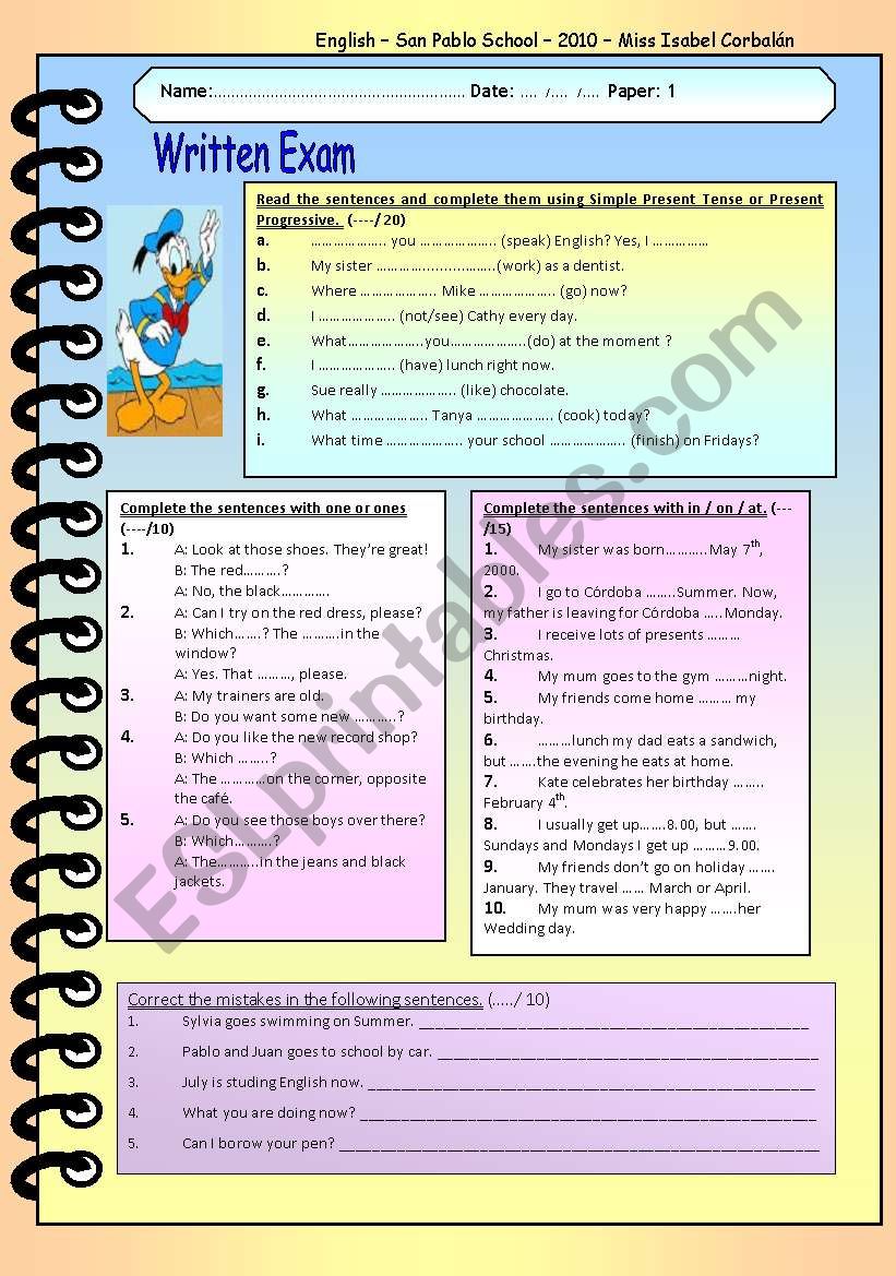 test on present simple and continuous, prepositions of time and one/ones