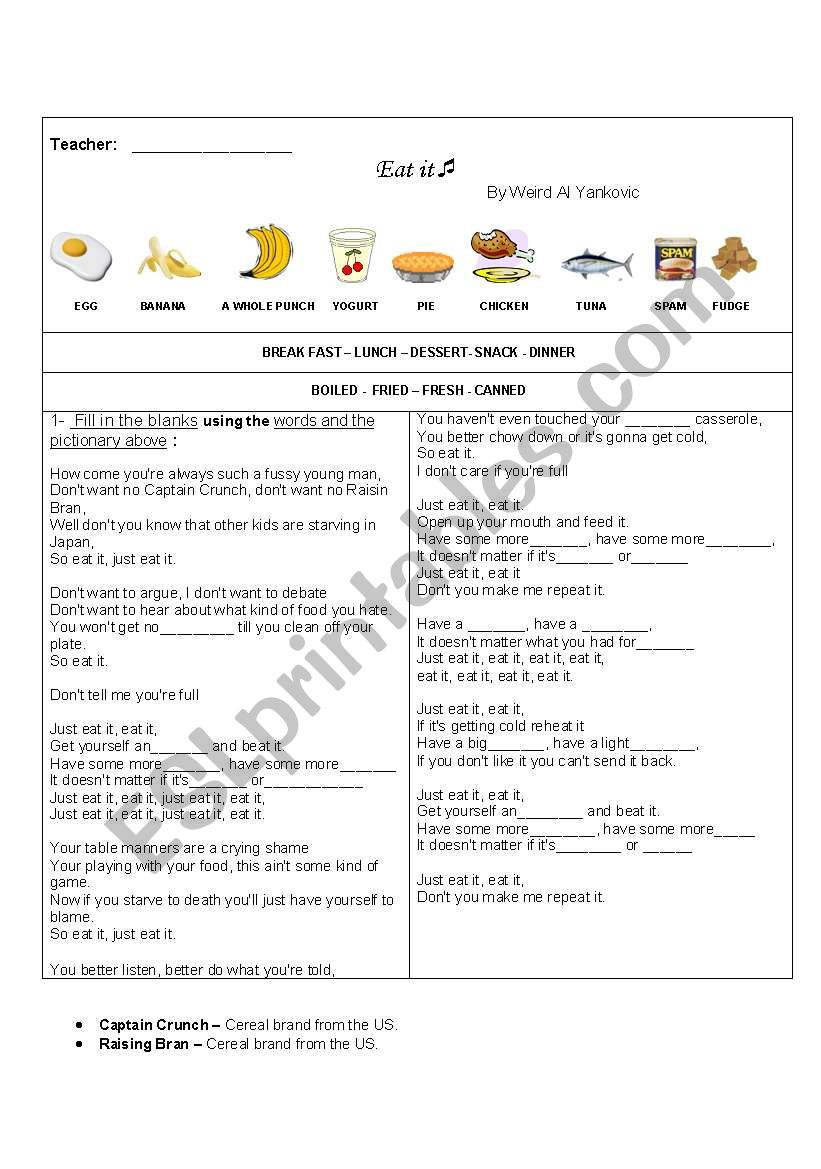 EAT IT - song about food worksheet