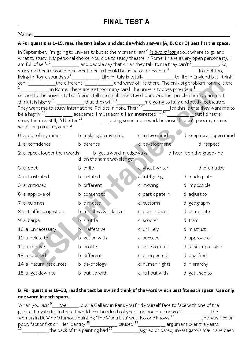 test for advanced sts worksheet