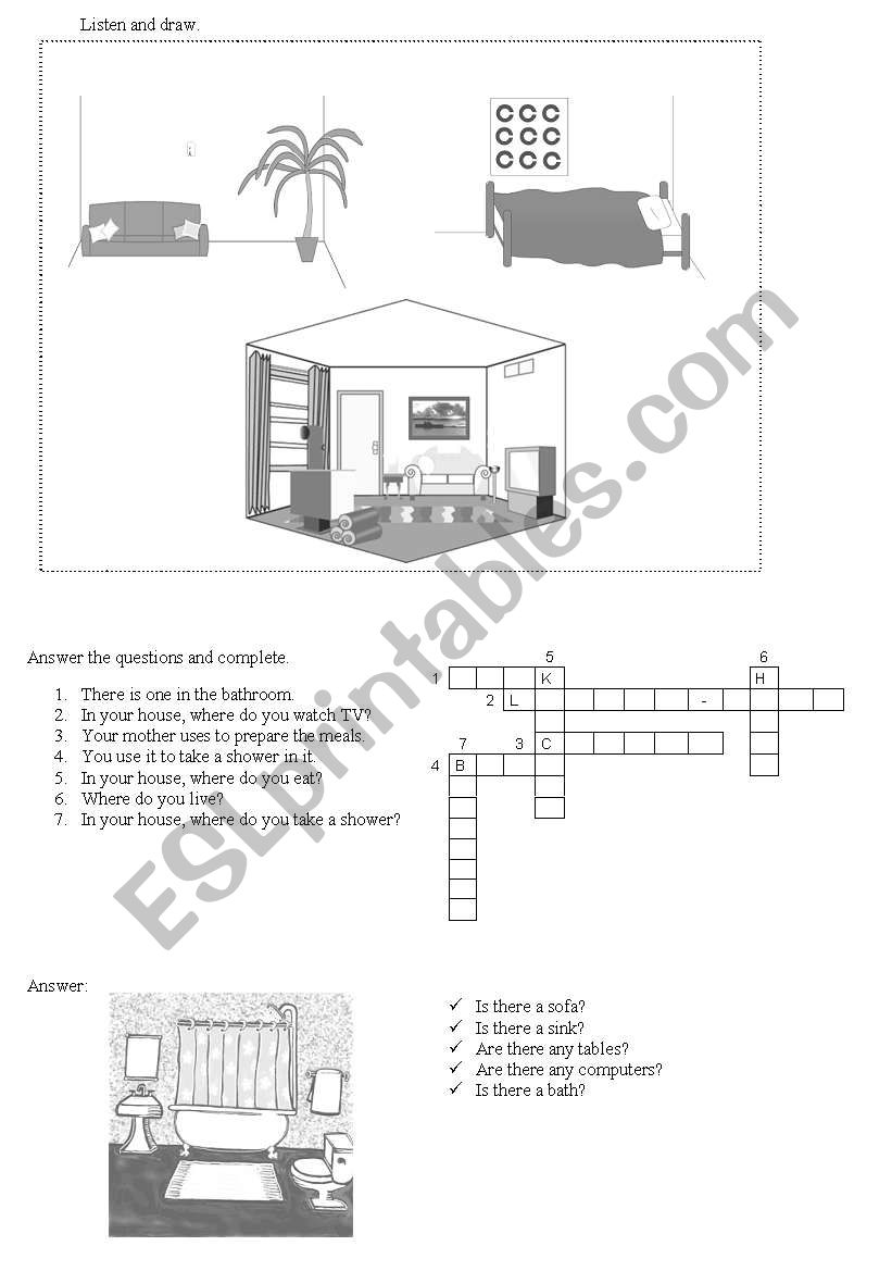 there is / are. prepositions. different rooms 