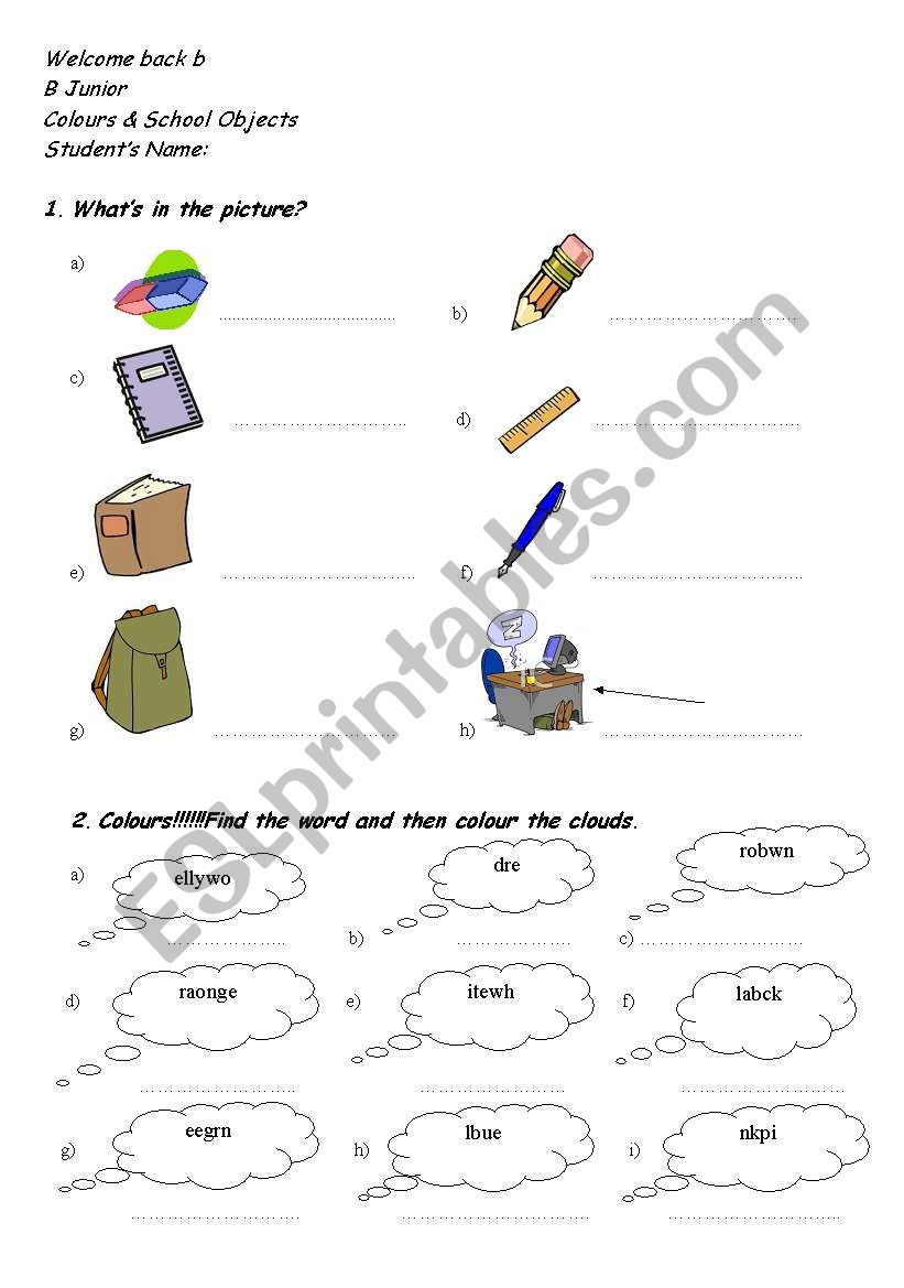 Colours and school objects worksheet
