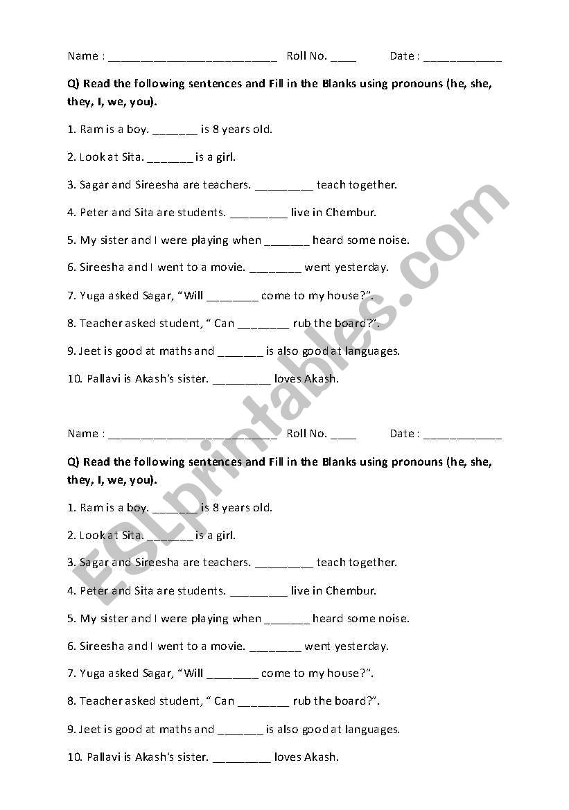 Pronouns worksheet