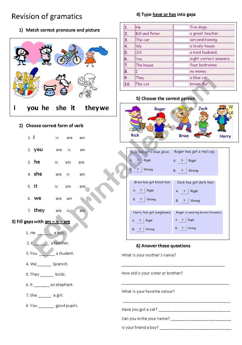 Revision of pronouns, verbs to be, to have