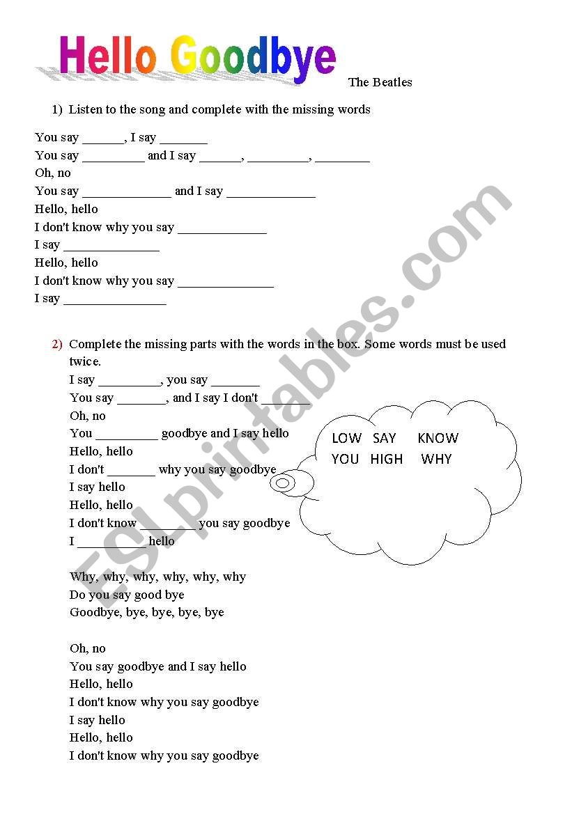 hello - goodbye worksheet