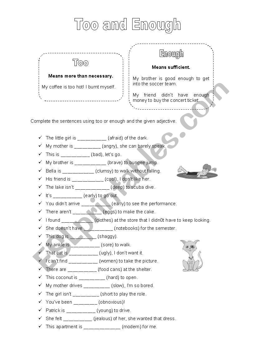 Too and Enough, 2 w/b pages worksheet