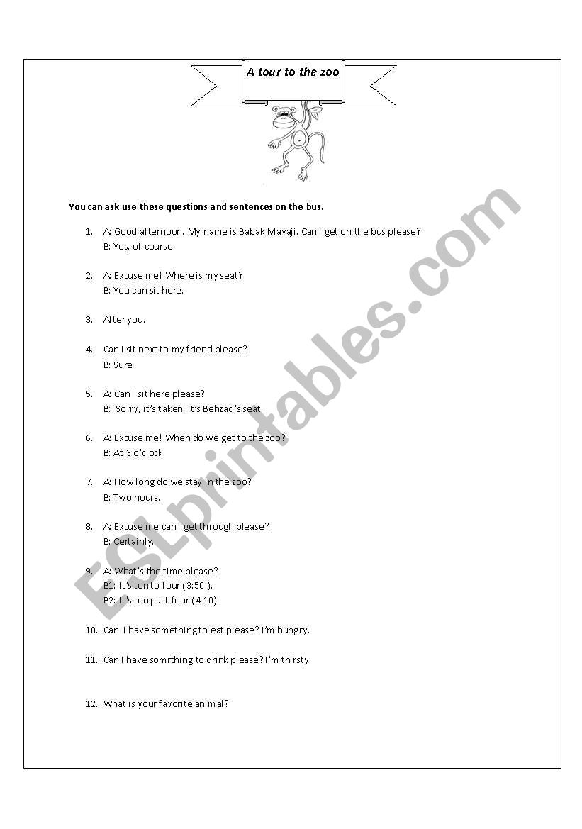 a tour to the zoo worksheet