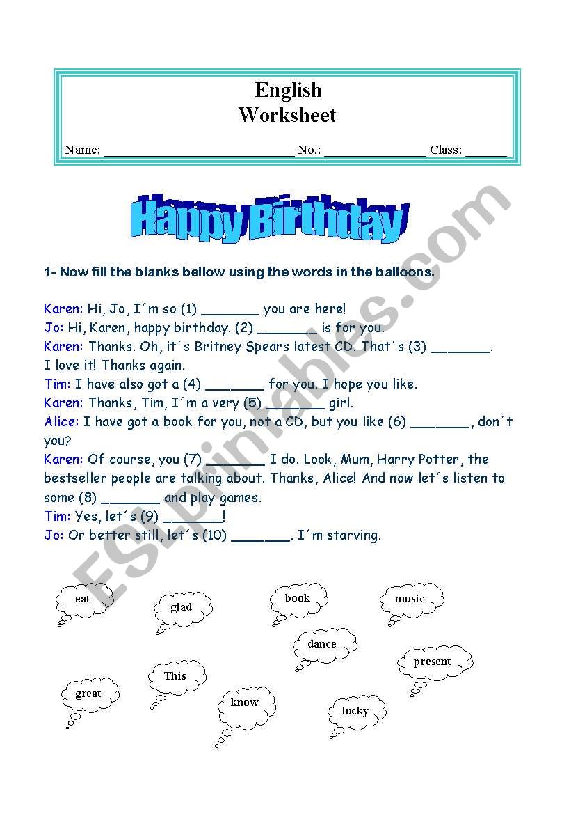Worksheet  Happy Birthday worksheet