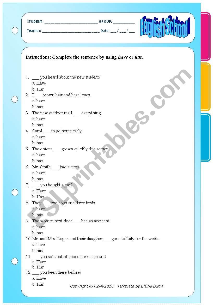 Has or Have worksheet