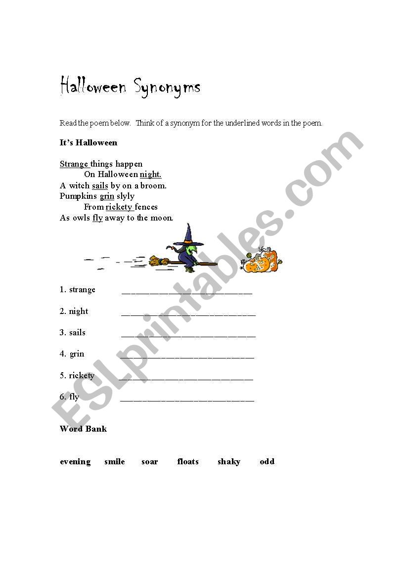 Halloween Synonyms worksheet