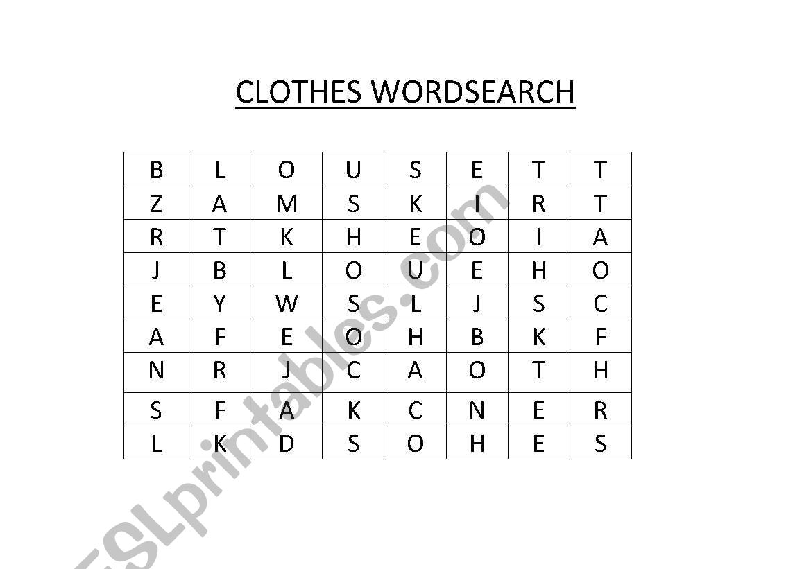Clothing Wordsearch worksheet