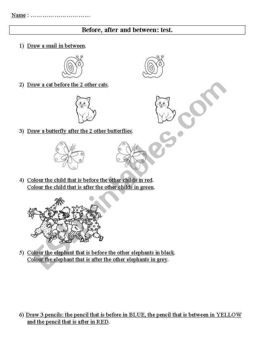 Before, after and between. worksheet
