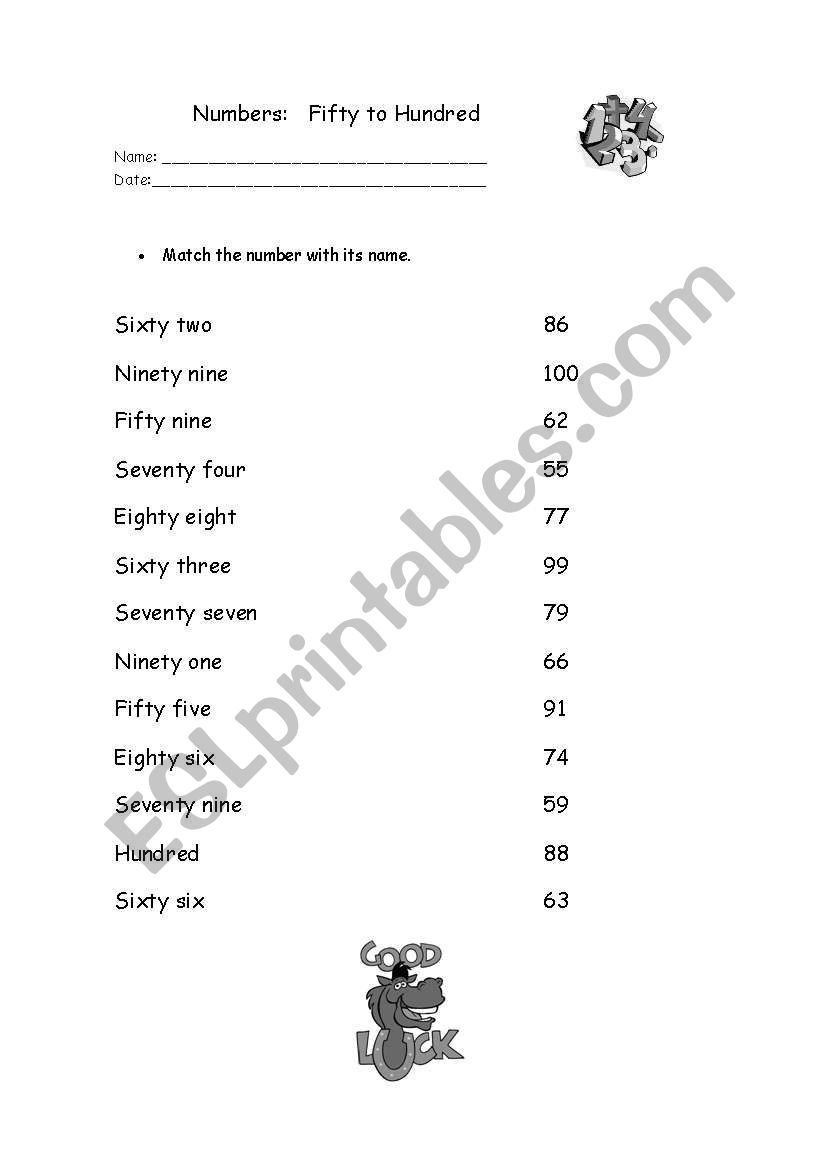 numbers fivety to hundred worksheet
