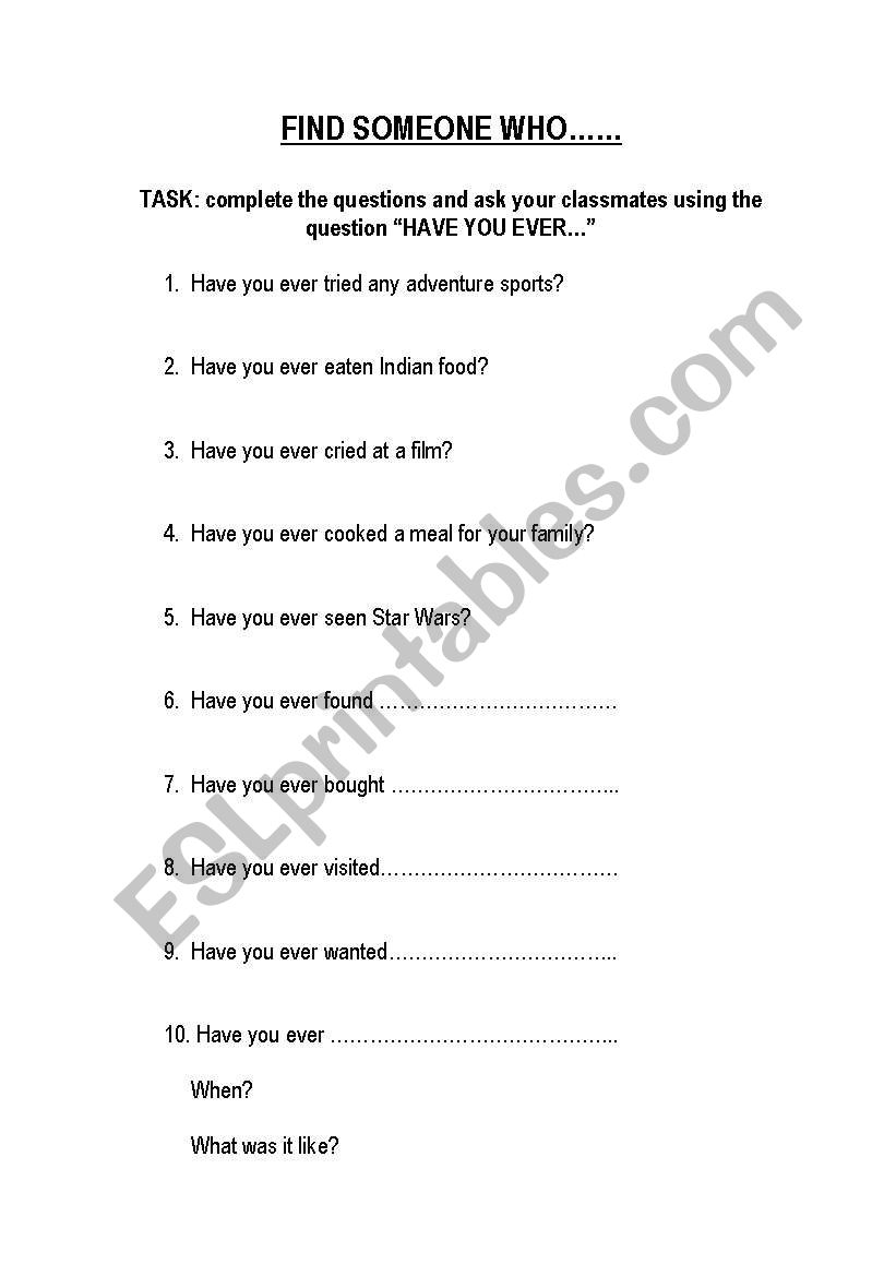 Find someone who.... worksheet