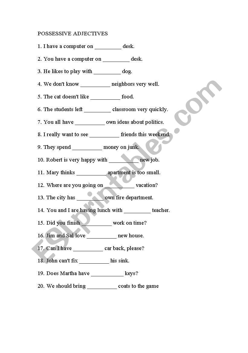 possessive adjectives worksheet