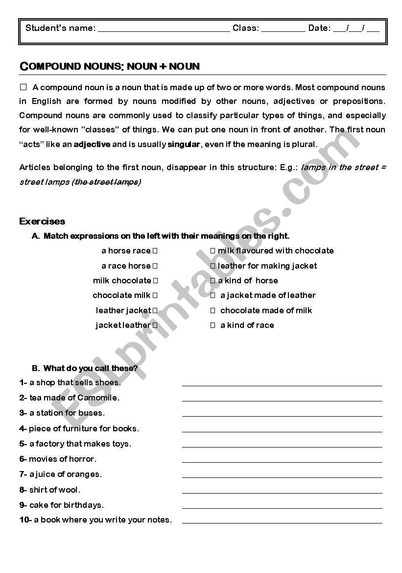 Compound nouns: noun+noun worksheet