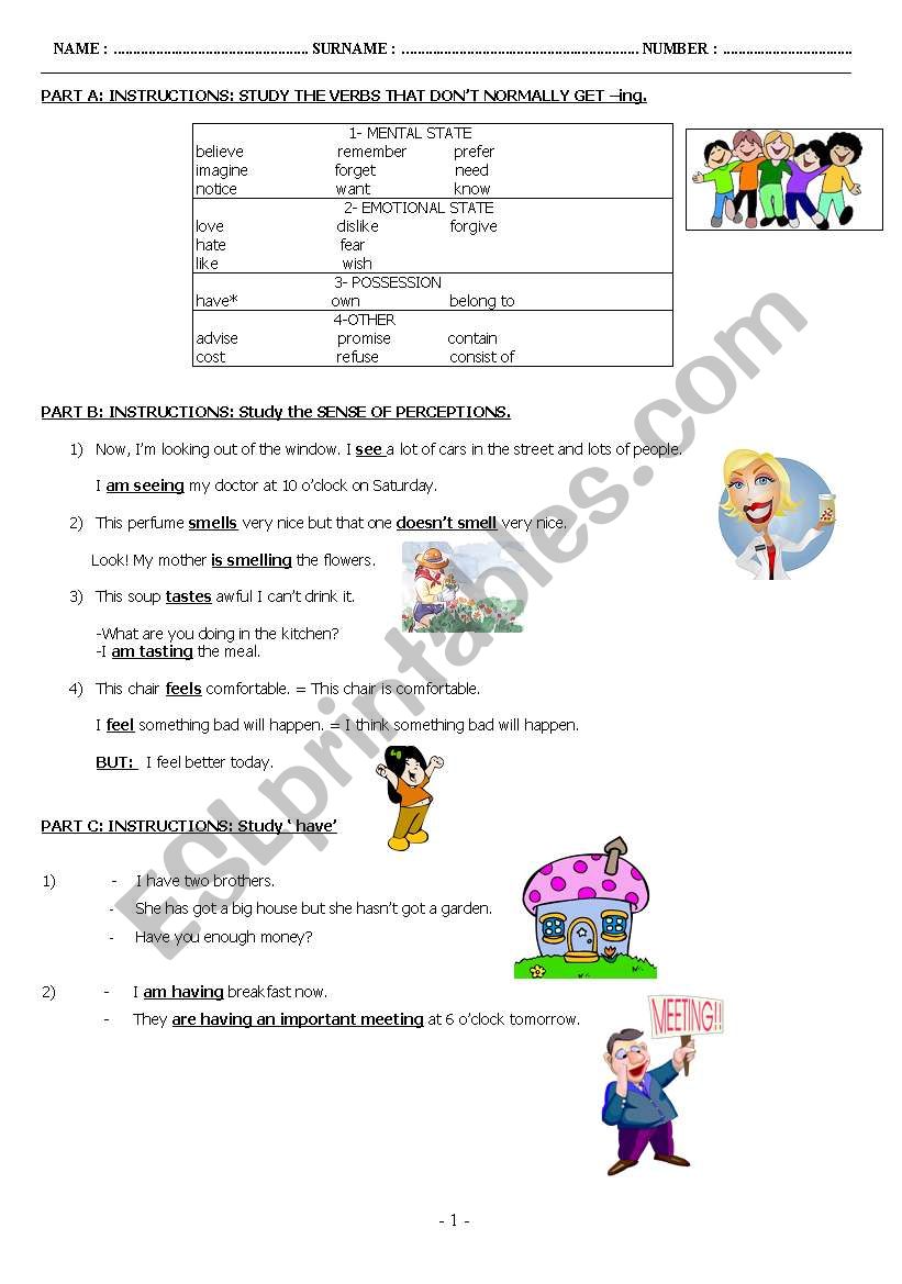 Verbs which dont get -ing, in class worksheet