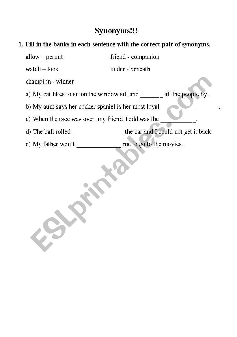 exercises on synonims worksheet